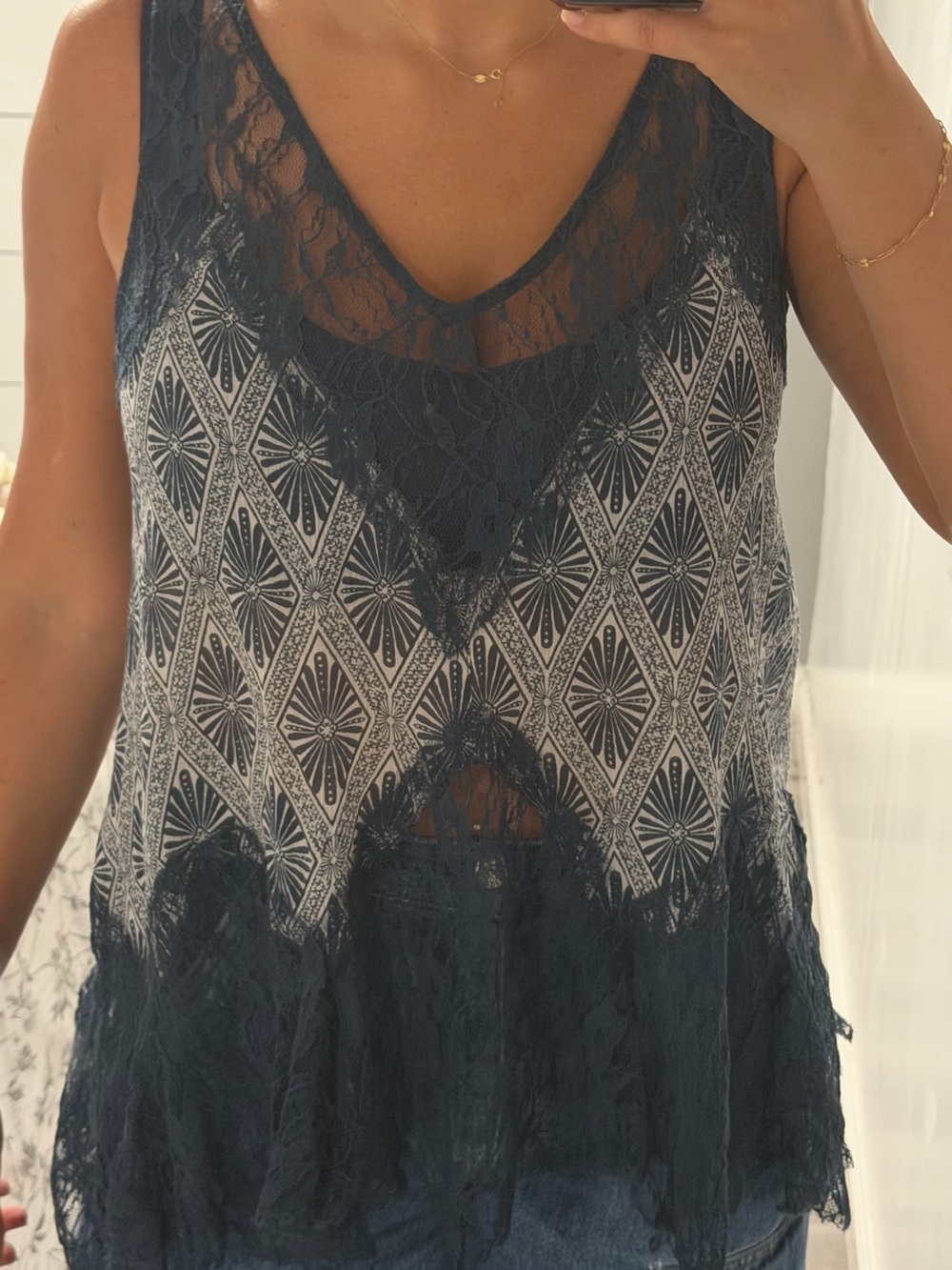 Free People Navy and White Lace-Trim Printed Camisole